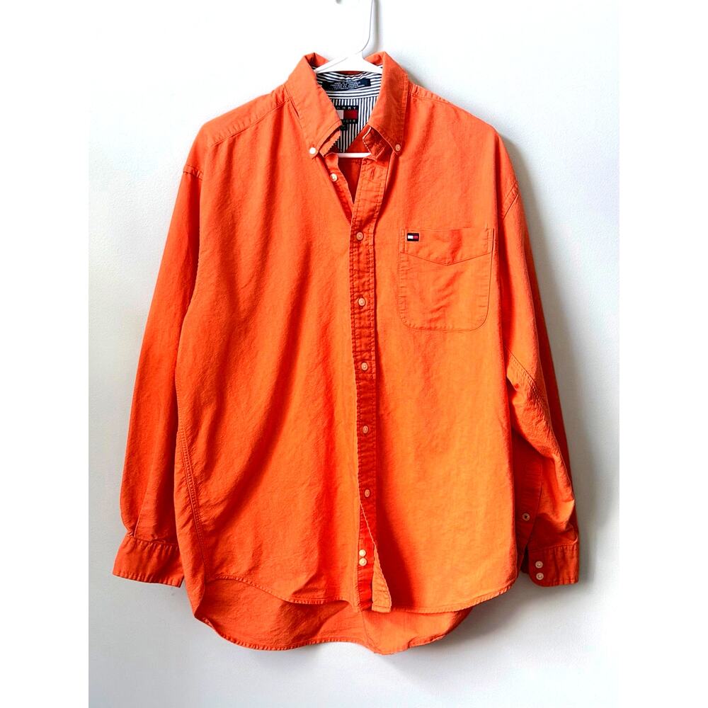 Vintage Tommy Hilfiger Orange Cotton Long Sleeve Button Up Shirt Sz M Flag Logo